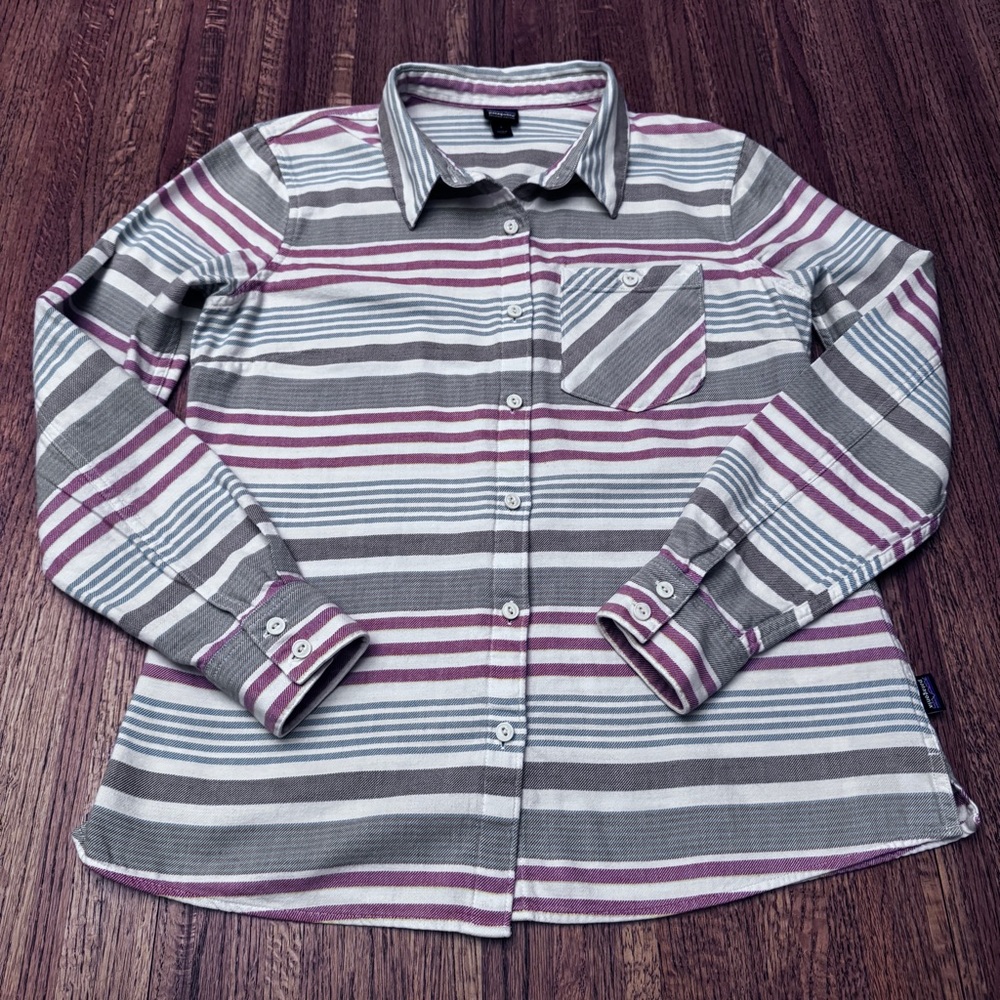 PATAGONIA Women’s Organic Cotton Button Up Blouse: teal, salmon, pale green sz 4